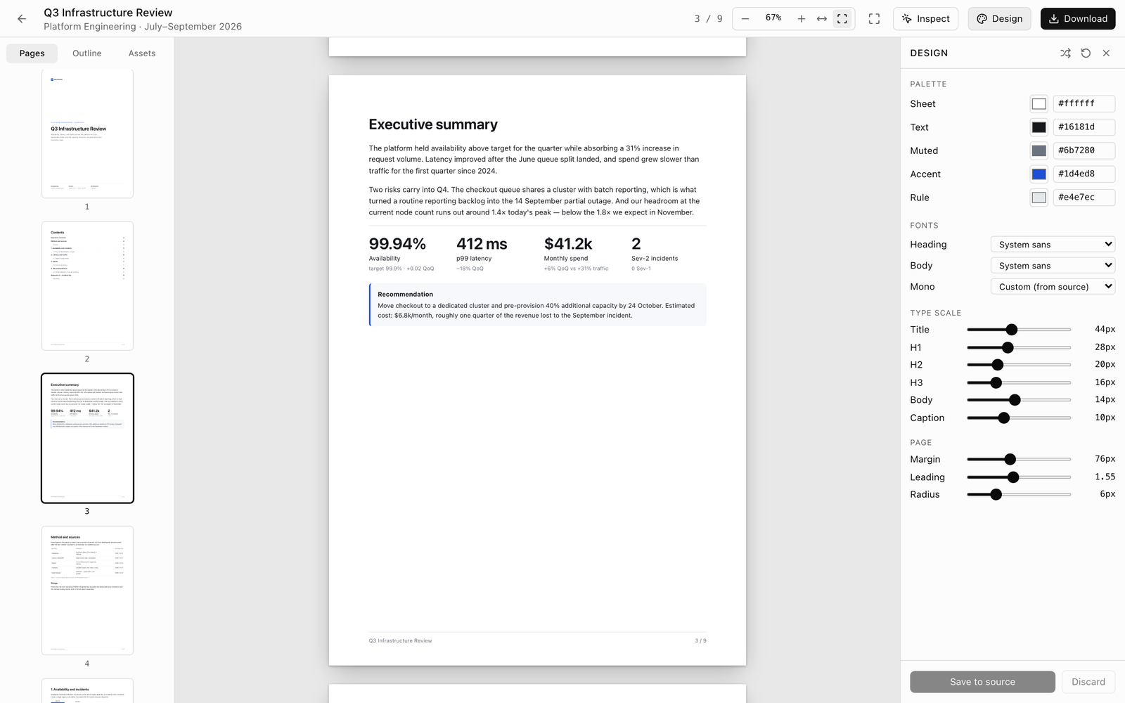The open-doc viewer: page thumbnails on the left, a real A4 sheet in the middle, the design panel on the right.
