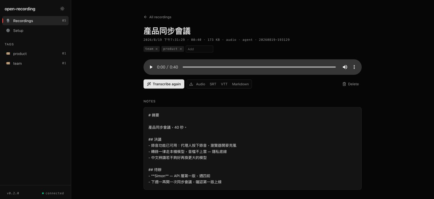 One recording: a seekable player, the four downloads grouped together, and the summary an agent wrote into notes.md.